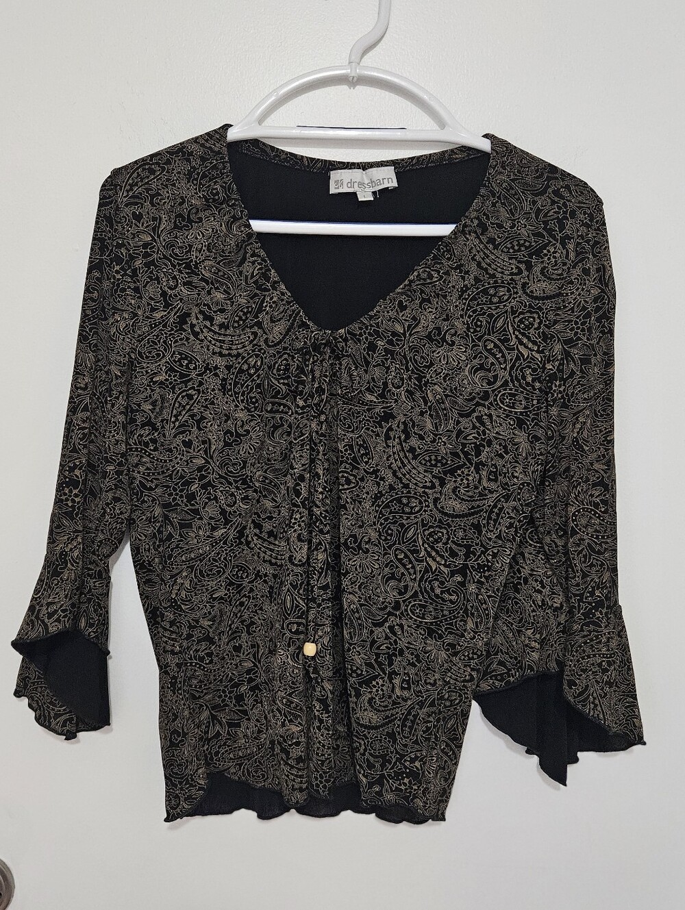 dressbarn Black Paisley Tie-Neck V-Neck Blouse Size Large